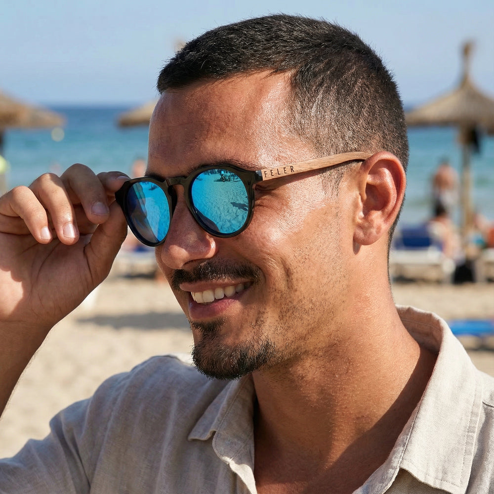 Feler wooden sunglasses at the beach